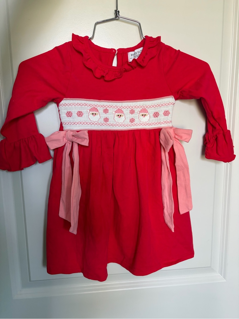 Christmas Smocked Santa Dress with Pink Bows